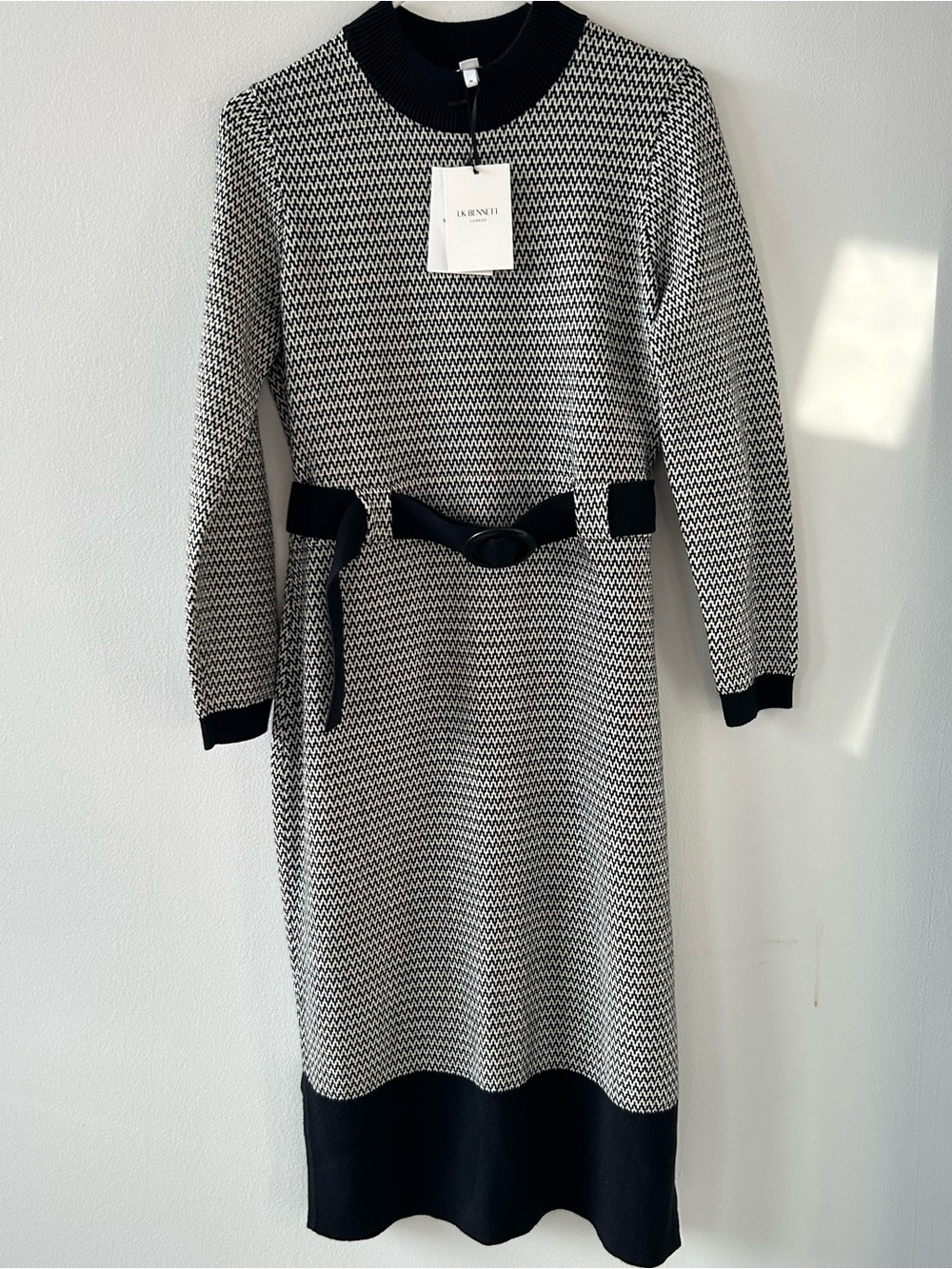 LK Bennett Black and White Long Sleeve Knit Belted Dress